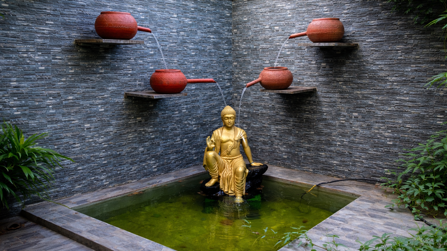 Tranquil fountain with buddha statue