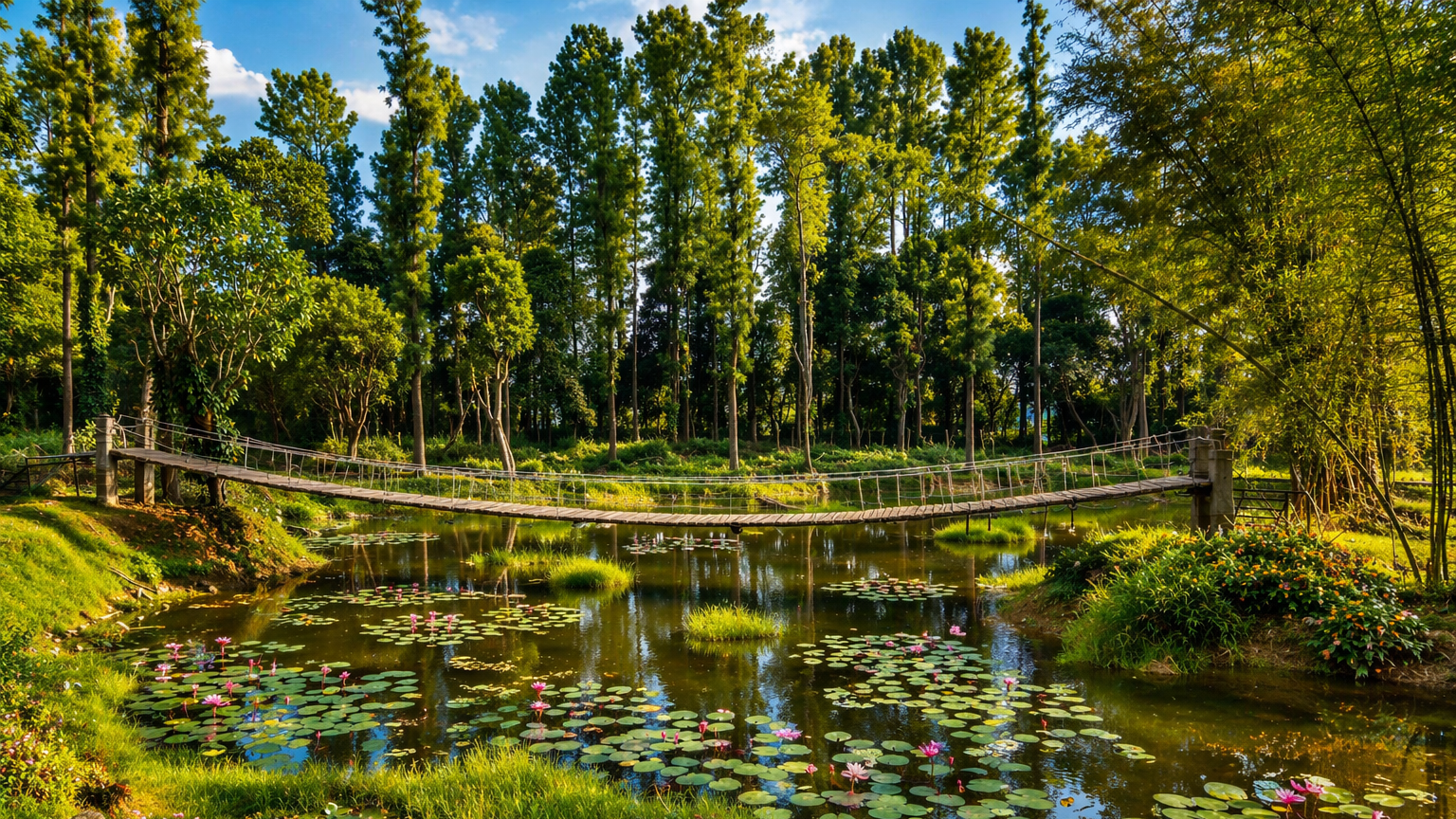 Serene lake hanging bridge view