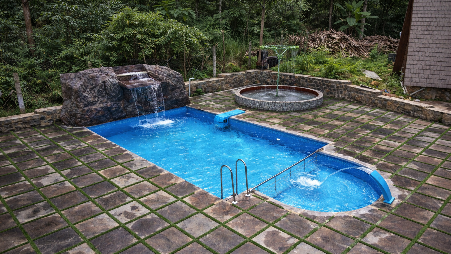 Modern backyard pool waterfall